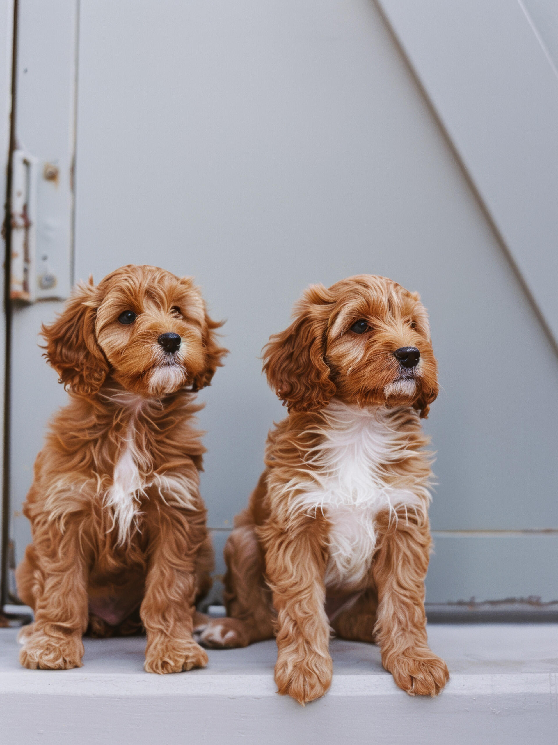 doodle dog breeds cavapoo puppies sitting on a wooden beach seat