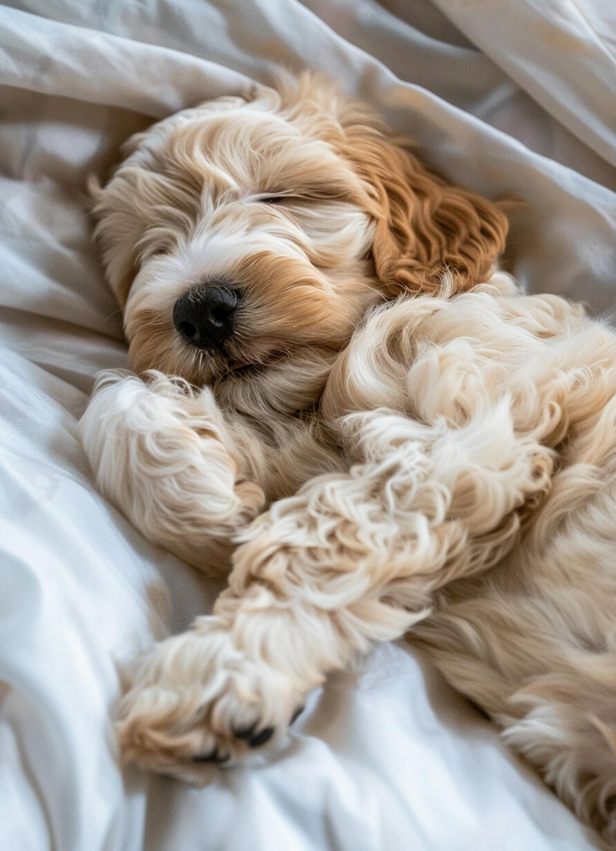 labradoodle doodle dog breed puppy sleeping on a bed