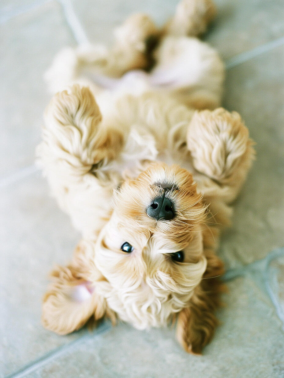 goldendoodle puppy doodle dog breeds puppy lying on its back on the floor
